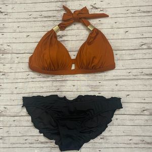 Venus 2 Piece Bikini Set Swimsuit Halter Top Size C Bottom Size 8 Copper Black
